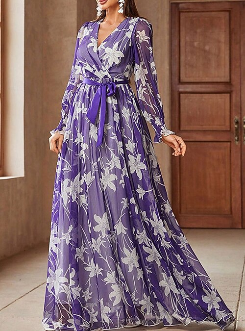 A-line Mother of the Bride Dress Floral Print Casual V Neck Floor Length  Chiffon Long Sleeve with Sash / Ribbon Wedding Guest Dress 2026