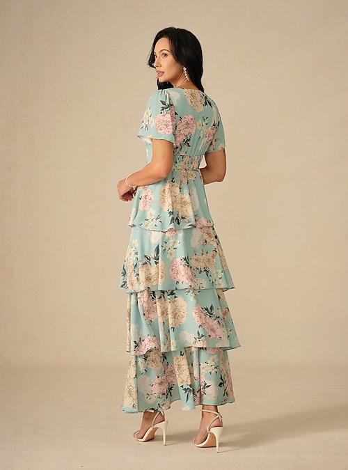 Women's Maxi Dress A Line Dress Layered Dress Elegant Ruffle Sleeve Vacation Loose Fit Floral Short Sleeve V Neck Sage Green Summer