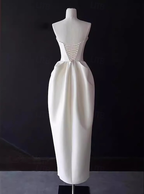 Bridal Shower Casual Wedding Dresses Little White Dress Strapless Midi  Length Satin Bridal Gowns With Pleat and Ruched Details 2026