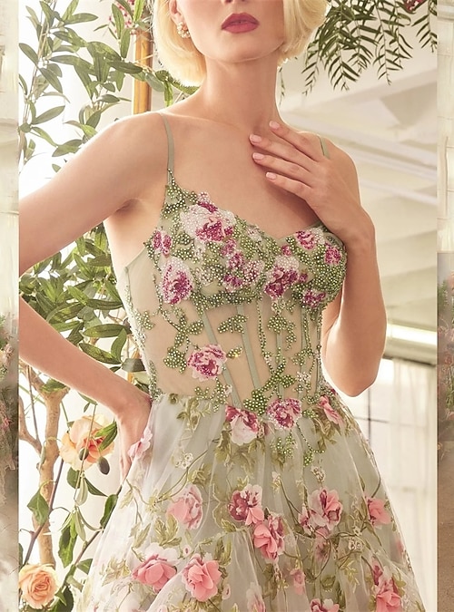 Ball Gown A-Line Floor Length Prom Dresses Elegant Princess Sleeveless Spaghetti Strap Prom Evening Party Backless with Floral Print Pleats Slit