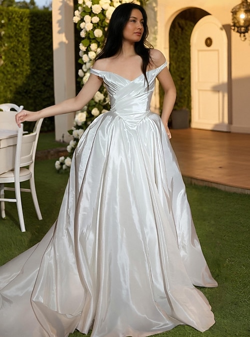 taffeta ruched wedding dress Strapless Curve Neck Ruffle Taffeta Ballgown Bridal Wedding Dress  Rosymae