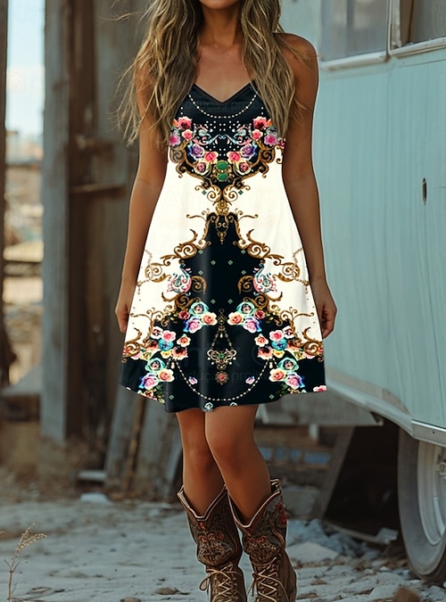 Women's Mini Dress Boho Dress Western Dress Vintage Sundress A Line Dress  Slip Dress Off The Shoulder Dress Vacation Casual Going out Beach Graphic  Geometric Tribal Sleeveless V Neck Spaghetti Strap 2026 -