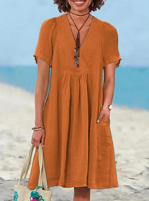 Women's Mini Dress Faux Cotton Linen Shift Dress A Line Dress Casual Beach  Daily Regular Fit Plain Short Sleeve V Neck Light Green Royal Blue Purple  Orange Summer 2026 - $16.99