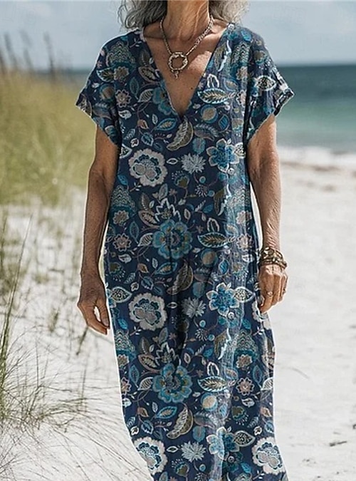 Women's Long Dress Maxi Dress Faux Cotton Linen Boho Dress Shift Dress Cotton Linen Dresses Fashion Outdoor Party Holiday Regular Fit Flower Short Sleeve V Neck Blue Black Purple Brown Summer 2026 - Women's Long Dress Maxi Dress Faux Cotton Linen Boho Dress Shift Dress Cotton Linen Dresses Fashion Outdoor Party Holiday Regular Fit Flower Short Sleeve V Neck Blue Black Purple Brown Summer 2026 -
