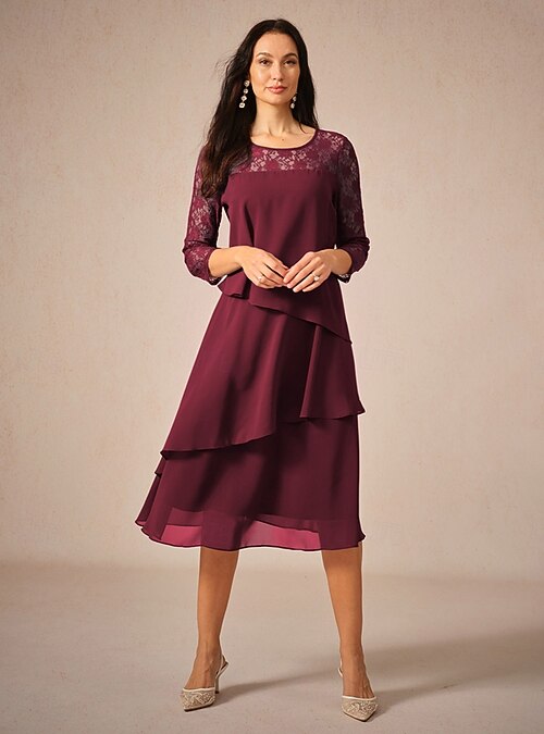 Women's Tea Length Lace Dress Party Dress Cocktail Dress Wedding Guest Dress  Elegant Party Vacation Wedding Guest Cocktail Party Regular Fit Solid Color  3/4 Length Sleeve Crew Neck Wine Spring Fall 2026 - $49.99