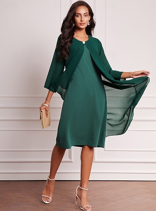 Women's Evening Dress Cape Sleeve Knee-Length Elegant Green Sheer Overlay  Party Wedding Guest Spring Summer Regular Fit 2026 - $17.49