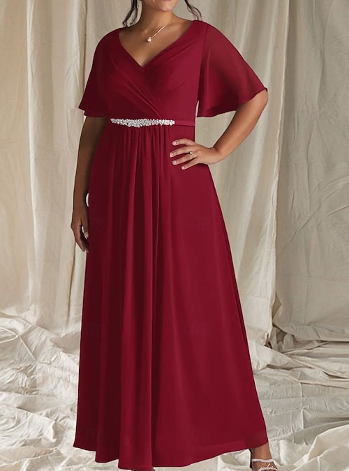 sachin and babi light blue dress A-Line Wedding Guest Dresses Elegant Dress Wedding Guest Engagement Floor  Length Half Sleeve V Neck Chiffon with Pleats Ruched Beading 2026