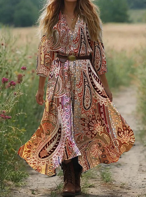 Women's Maxi Dress Boho Dress Western Dress Vintage Sundress Pleated Dress  Vacation Casual Going out Beach Standard Fit Graphic Paisley 3/4 Length  Sleeve V Neck White Blue Orange Green 2026 - $36.99