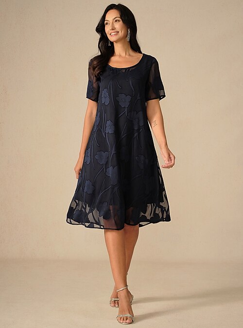 navy blue knee length chiffon dress Women's Dress Elegant Casual Loose Fit Floral Short Sleeve Crew Neck Summer 2026 active DS
