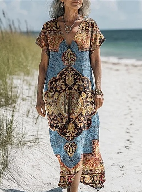 Women's Long Dress Maxi Dress Cotton Linen Dresses Casual Dress Boho Dress Western Dress Fashion Outdoor Party Holiday Regular Fit Flower Short Sleeve
