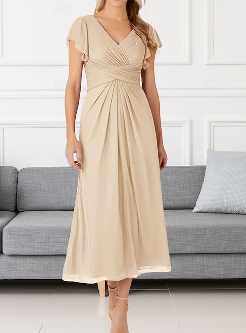 A-Line Wedding Guest Dresses Elegant Dress Wedding Guest Engagement Tea  Length Short Sleeve V Neck Chiffon with Pleats Ruched 2026 - $183.99