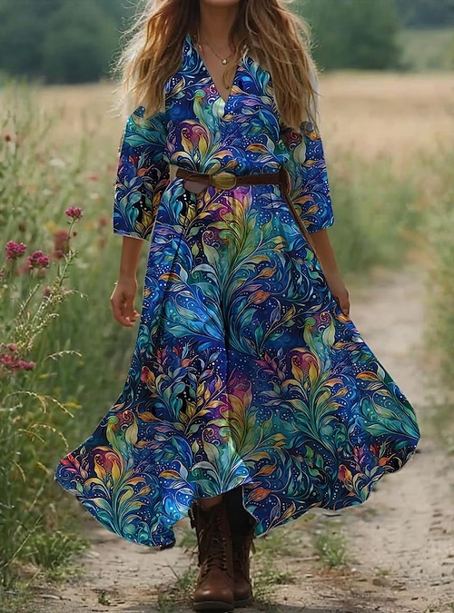 Women's Maxi Dress Boho Dress Western Dress Vintage Sundress Pleated Dress  Vacation Casual Going out Beach Standard Fit Graphic Paisley 3/4 Length Sleeve  V Neck White Blue Orange Green 2026 - 34.99