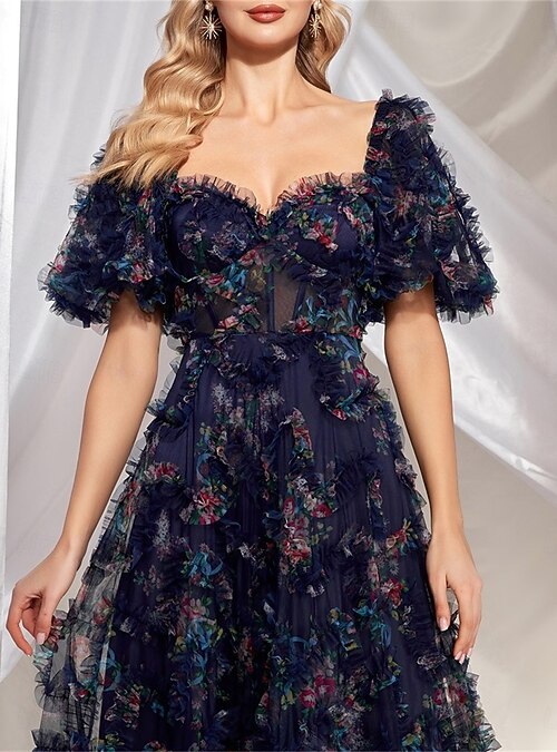 Wedding Guest Dresses A-Line Corset Dress Sweetheart Neck Short Sleeve  Bubble Sleeve Floor Length Tulle With Micro Ruffles 2026 - $219.49