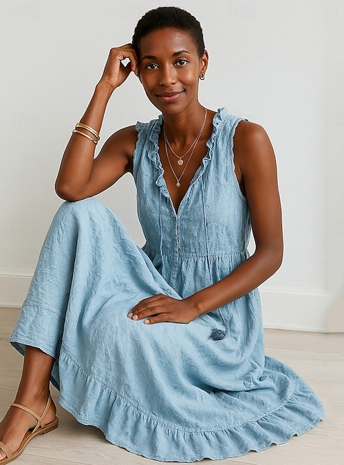 Women's Long Dress Maxi Dress Faux Cotton Linen Swing Dress Tank Dress  Summer Dress Elegant Basic Modern Beach Vacation Holiday Regular Fit Plain  Sleeveless V Neck Blue Summer 2026 - kr.359