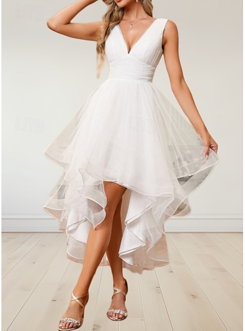sachin and babi light blue dress Engagement Little White Dress Bridal Shower Dresses Wedding Dresses A-Line  V Neck Sleeveless Asymmetrical Satin Bridal Gowns With Pleats Ruched 2026
