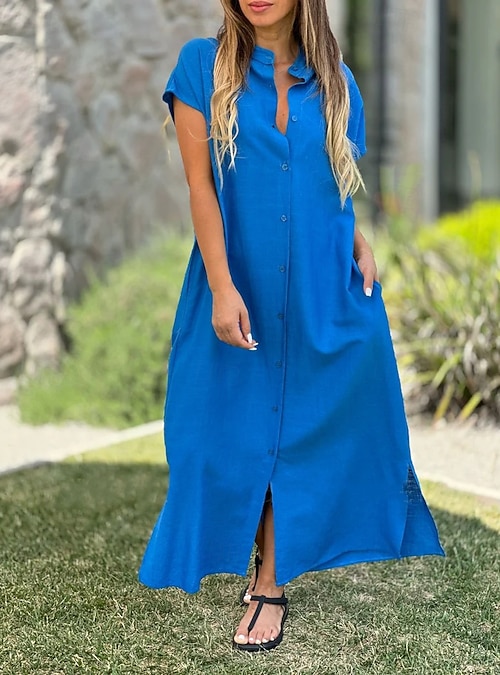 Women's Maxi Dress Sundress Summer Dress Casual Daily Holiday Linen Like Beach Regular Fit Plain Short Sleeve High Neck Pink Blue Orange Green Summer