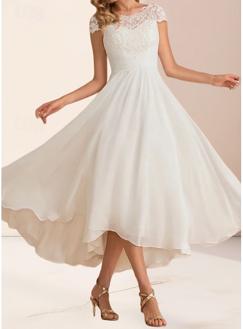 sachin and babi light blue dress Engagement Little White Dresses Wedding Dresses A-Line Boat Neck Regular  Straps Asymmetrical Chiffon Bridal Gowns With Pleats Ruched 2026
