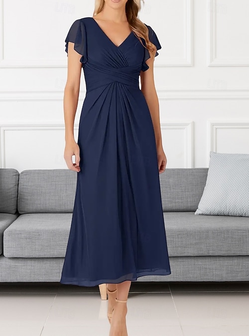 A-Line Wedding Guest Dresses Elegant Dress Wedding Guest Engagement Tea  Length Short Sleeve V Neck Chiffon with Pleats Ruched 2026 - $166.99