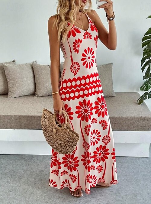 Women's Maxi Dress A Line Dress Slip Dress Vacation Casual Boho Party Going  out Standard Fit Floral Graphic Sleeveless V Neck Orange red Black Blue  Green Summer Spring 2026 - GBP 32.99
