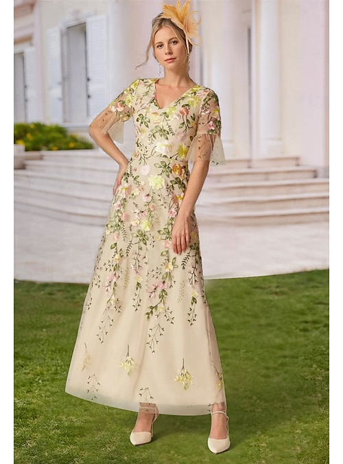 A-Line Dress Ankle Length Party Dress Cocktail Dress Wedding Guest Dress  Mother of the Bride Dress Short Sleeve V Neck Elegant Vintage Formal Tulle  with Embroidery Appliques Flower 2026 - $195.99