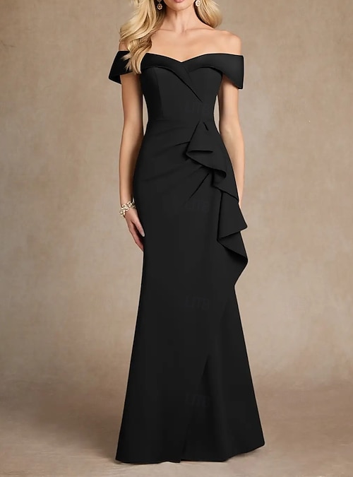 Mermaid / Trumpet Bridesmaid Dress Off Shoulder Short Sleeve Elegant Floor Length Stretch Fabric with Ruffles / Ruching 2026 - $167.99 Mermaid / Trumpet Bridesmaid Dress Off Shoulder Short Sleeve Elegant Floor Length Stretch Fabric with Ruffles / Ruching 2026 - $167.99