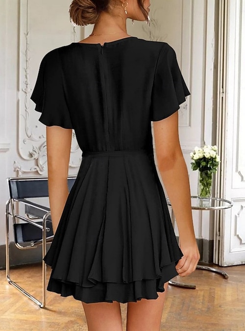 Women's Boho Dress Western Dress Vintage Mini Dress A Line Dress Ruffle  Dress Casual Outdoor Going out Beach Regular Fit Solid Color Graphic Short  Sleeve V Neck Black White Pink Green Summer