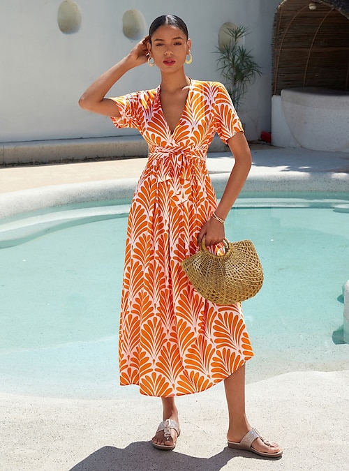 orange midi dress summer Women's Midi Dress Maxi Dress Orange Short Sleeve Geometric With Belt  Spring & Summer V Neck Pattern Dress S M L 2026