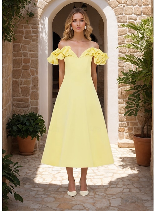 ButterA-line Cocktail Dresses Elegant Dress Formal Wedding Tea Length  Sleeveless Off Shoulder Satin with Ruffles 2026 - $166.99