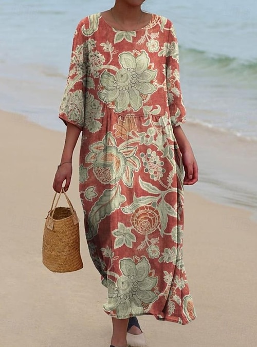 Women's Maxi Dress Shift Dress A Line Dress Vacation Casual Boho Going out  Beach Standard Fit Floral Graphic Sleeveless U Neck Maroon Red Blue Summer  Spring 2026 - $31.99