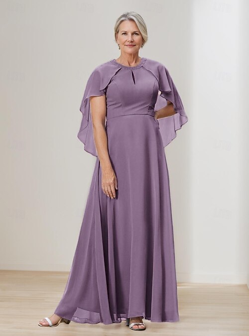 Cape Dress A-Line Mother of the Bride Dress Elegant Simple Wedding Guest  Dress Minimalist Crew Neck Floor Length Chiffon Beaded Lace Short Sleeve  with Lace Beading 2026 - CAD $251.99