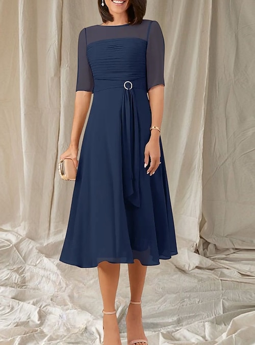 A-Line Mother of the Bride Dress Wedding Guest Elegant Crew Neck Tea Length  Chiffon Half Sleeve with Sash / Ribbon Ruched Midi Dress 2026 - NZ $323.79