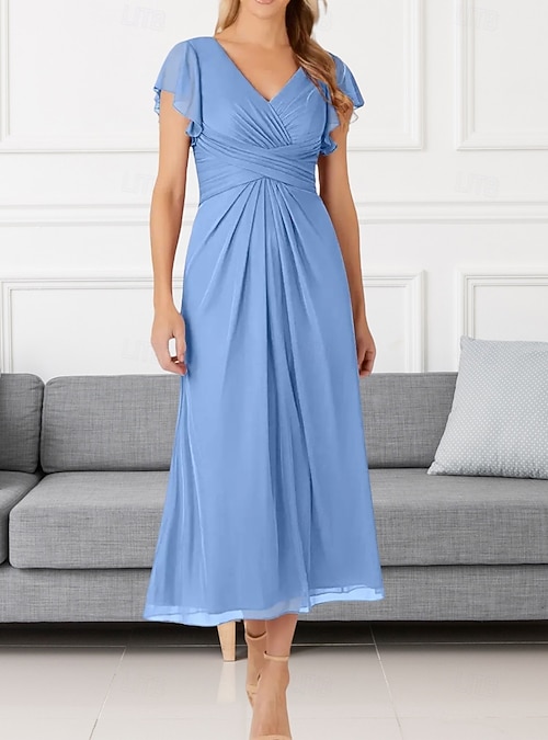 A-Line Wedding Guest Dresses Elegant Dress Wedding Guest Engagement Tea  Length Short Sleeve V Neck Chiffon with Pleats Ruched 2026