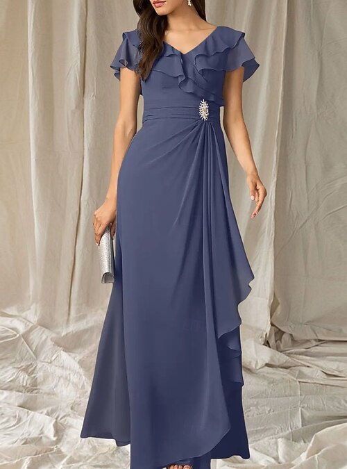 A-Line Wedding Guest Dresses Elegant Dress Wedding Guest Floor Length Short  Sleeve V Neck Chiffon with Pleats Ruffles 2026 - $195.99