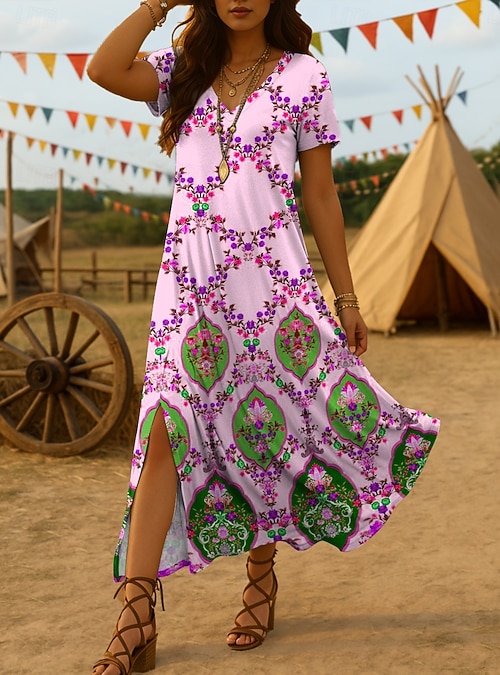 Women's Midi Dress Sundress Summer Dress Vacation Casual Boho Going out  Beach Loose Fit Graphic Tribal Short Sleeve V Neck Yellow Blue Purple  Summer Spring 2026 - CAD $46.99