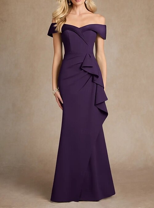 Mermaid / Trumpet Bridesmaid Dress Off Shoulder Short Sleeve Elegant Floor Length Stretch Fabric with Ruffles / Ruching 2026 - AU $291.79 Mermaid / Trumpet Bridesmaid Dress Off Shoulder Short Sleeve Elegant Floor Length Stretch Fabric with Ruffles / Ruching 2026 - AU $291.79