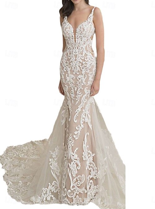Casual Wedding Dresses Mermaid Plunge Neck Sleeveless Chapel Train Lace  Bridal Gowns With Baroque Lace Applique 2026 - GBP 222