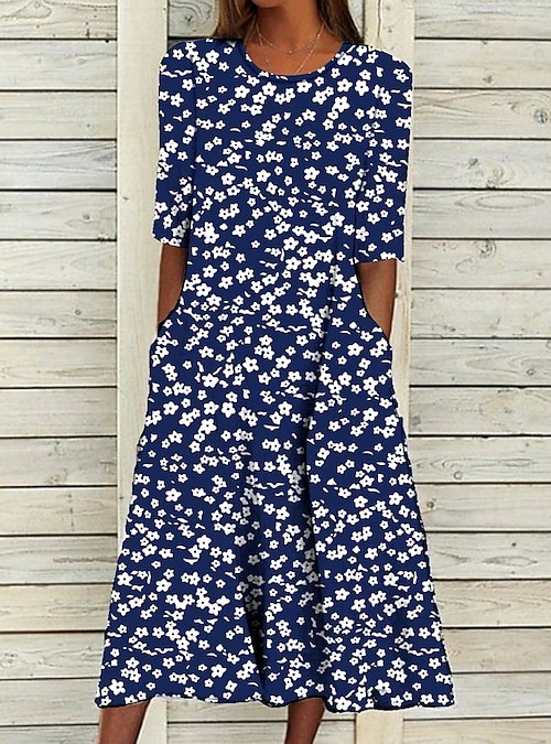Women's Midi Dress A Line Dress T Shirt Dress Tee Dress Summer Dress Bohemia Vacation Vintage Regular Fit Floral Graphic Ditsy Floral Short Sleeve Crew Neck Navy Blue Light Blue Summer 2026 - Women's Midi Dress A Line Dress T Shirt Dress Tee Dress Summer Dress Bohemia Vacation Vintage Regular Fit Floral Graphic Ditsy Floral Short Sleeve Crew Neck Navy Blue Light Blue Summer 2026 -