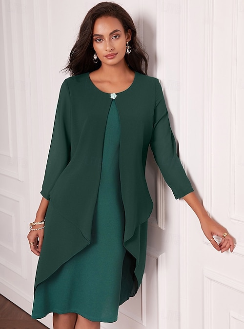 Women's Evening Dress Cape Sleeve Knee-Length Elegant Green Sheer Overlay  Party Wedding Guest Spring Summer Regular Fit 2026 - $17.49