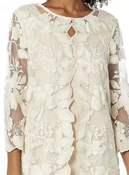 Two Piece Sheath Column Tea Length Wedding Guest Dress Mother of the Bride  Dress 3/4 Length Sleeve Crew Neck Elegant Vintage Simple Formal Wedding  Guest Lace with Embroidery 2026 - $187.99