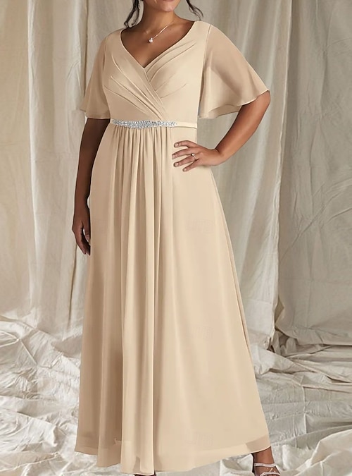 A-Line Wedding Guest Dresses Elegant Dress Wedding Guest Engagement Floor  Length Half Sleeve V Neck Chiffon with Pleats Ruched Beading 2026 - $196.99