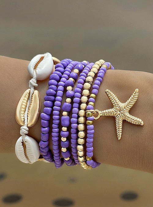 Bracciale Estivo Bohémien In Ceramica Morbida - Con Conchiglie E Perline A Stella - Impilabile E Regolabile - 6