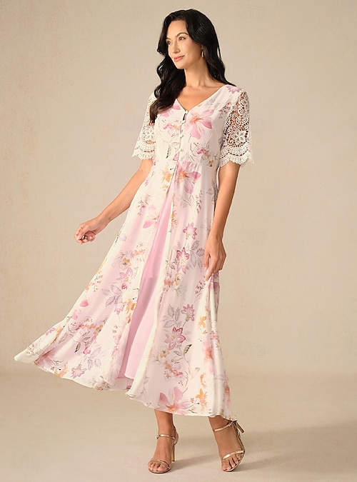 Women's Wedding Guest Cocktail Dress Floral Lace Button V Neck Maxi Dress  Elegant Stylish Party Short Sleeve Summer 2026 - $131.99