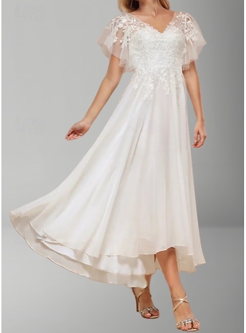 short sleeve bridal shower dress Zapakasa Women Ivory V-Neck Short Wedding Dress with Lace Bodycon Long Sleeves  Bridal Shower Dress with Sash main image 0