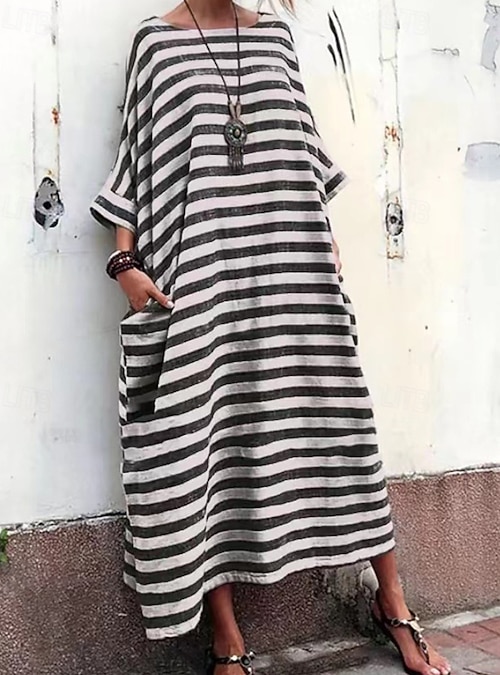 Women's Midi Dress Linen Blend Kaftan Dress Classic Outdoor Vacation Holiday Regular Fit Striped Long Sleeve Crew Neck Black Gray Summer 2026 - $26.99 Women's Midi Dress Linen Blend Kaftan Dress Classic Outdoor Vacation Holiday Regular Fit Striped Long Sleeve Crew Neck Black Gray Summer 2026 - $26.99