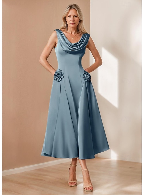 cowl neck tea-length satin a-line dress Brown Satin Cowl Neck Midi Dress - Fall Dresses main image 1
