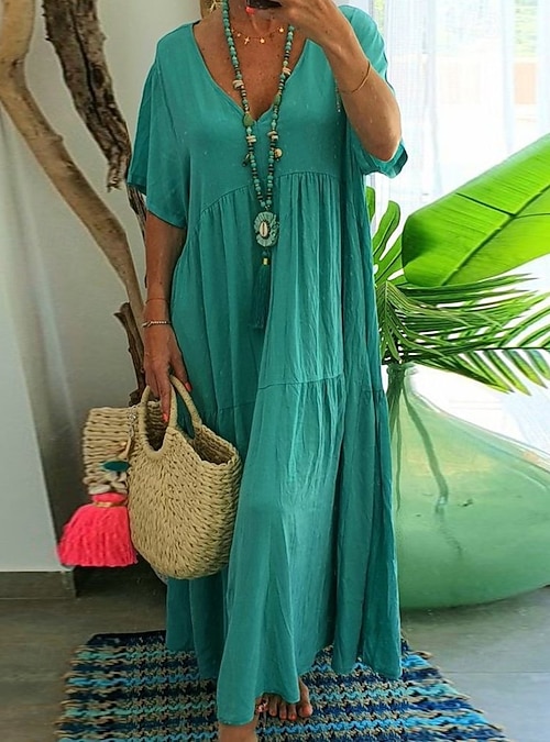 Mardi Gras Women's EU / US Size Maxi Dress Casual Dress Beach Dress Spring  Dress Cotton Midi Dress Elegant Tropical Casual Elbow Sleeve Home Party  Street Loose Fit Plain Short Sleeve V