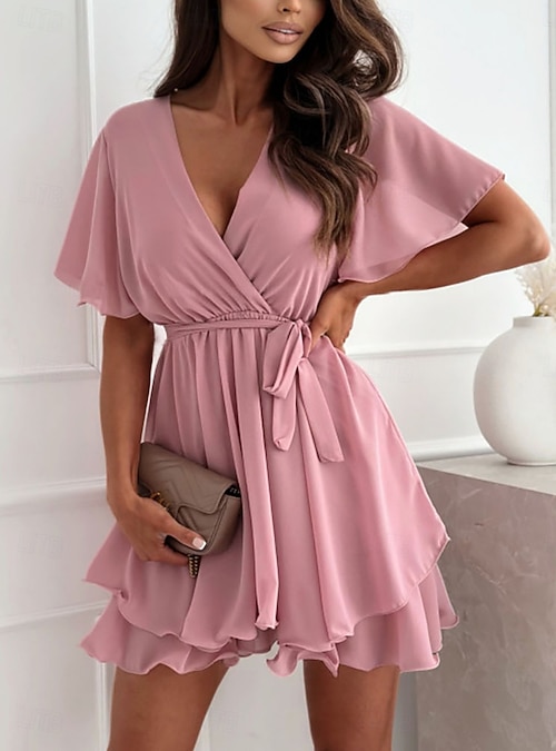 Women's Mini Dress Wrap Dress A Line Dress Solid Color Summer Dress Casual  Daily Regular Fit Graphic Plain Short Sleeve V Neck Black White Pink Summer  2025 - $31.99
