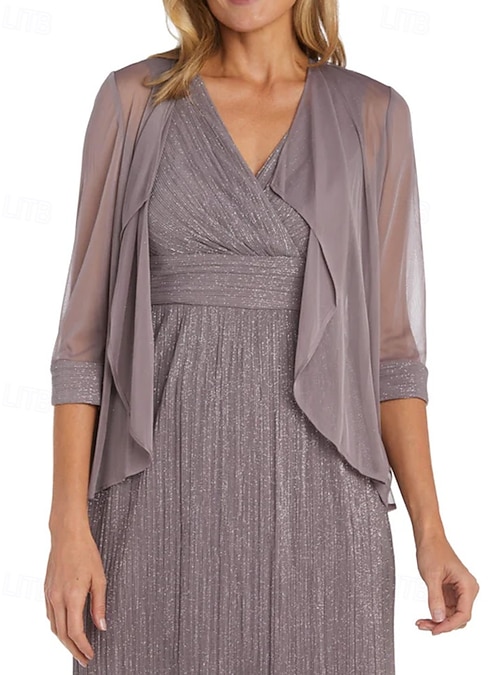 Two Piece Glitter Chiffon A-Line Mother of the Bride Dress Elegant Simple  Minimalist V Neck Floor Length Sleeveless Half Sleeve with Jacket 2026 -  $148.99