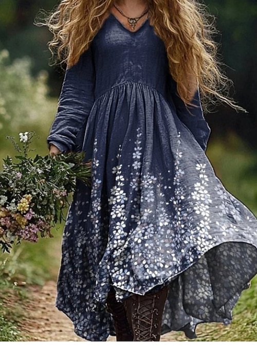 Women's Long Dress Maxi Dress Casual Dress Summer Dress Boho Dress Tribal  Vacation Daily Regular Fit Floral Long Sleeve V Neck Light Green Navy Blue  Dark Green Emerald Green Summer 2026 - $23.99