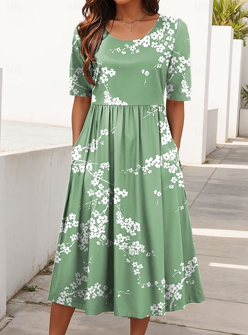 Women's Midi Dress Summer Dress Pleated Dress Vacation Casual Beach Daily  Holiday Regular Fit Floral Graphic Short Sleeve Crew Neck Blue Purple Green  Summer 2026